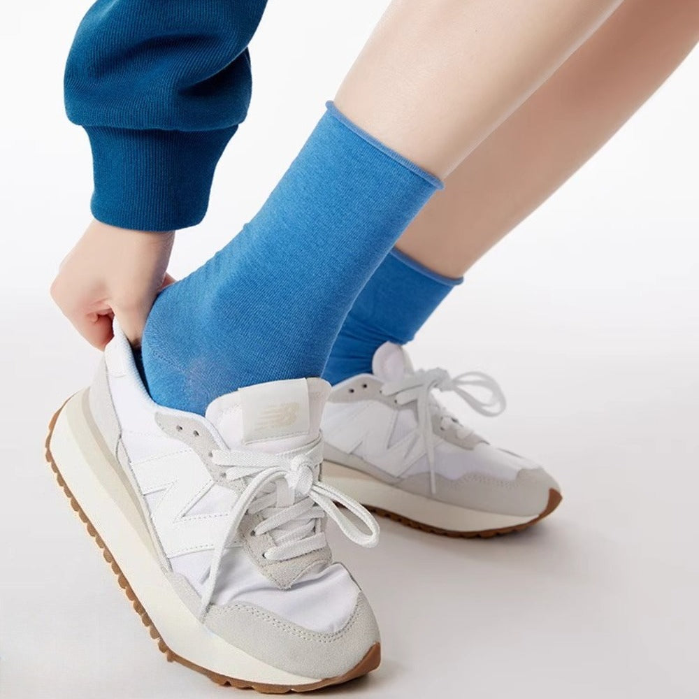 Women Silky Rolled Edge Mid-Calf Tube Socks