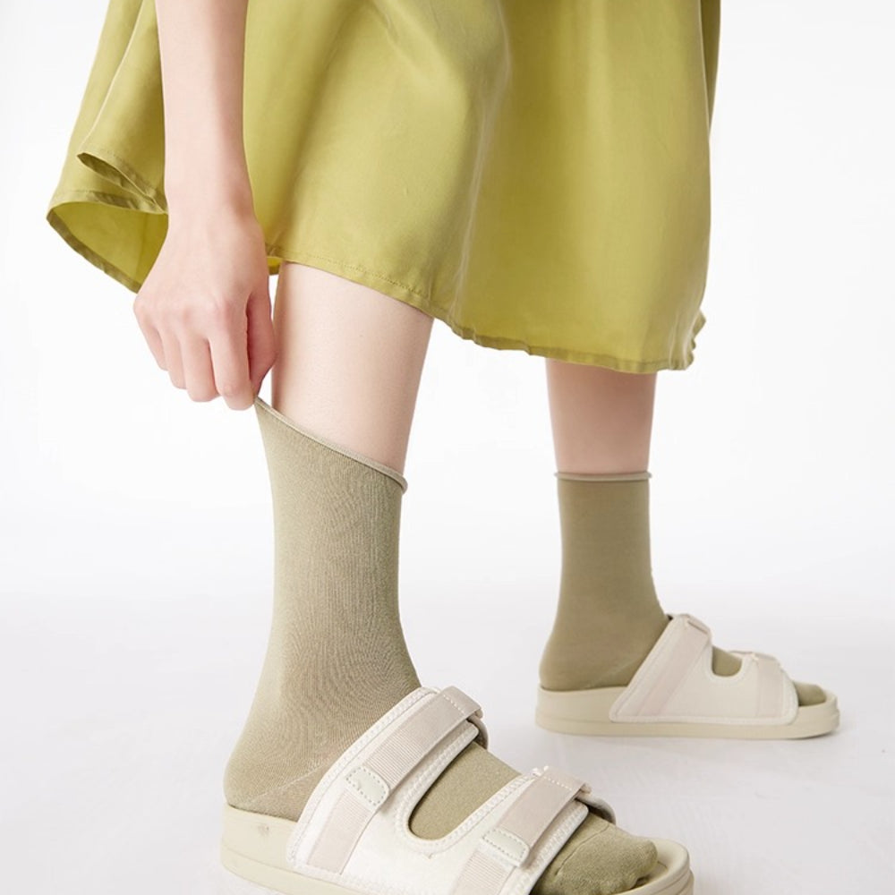 Women Silky Rolled Edge Mid-Calf Tube Socks